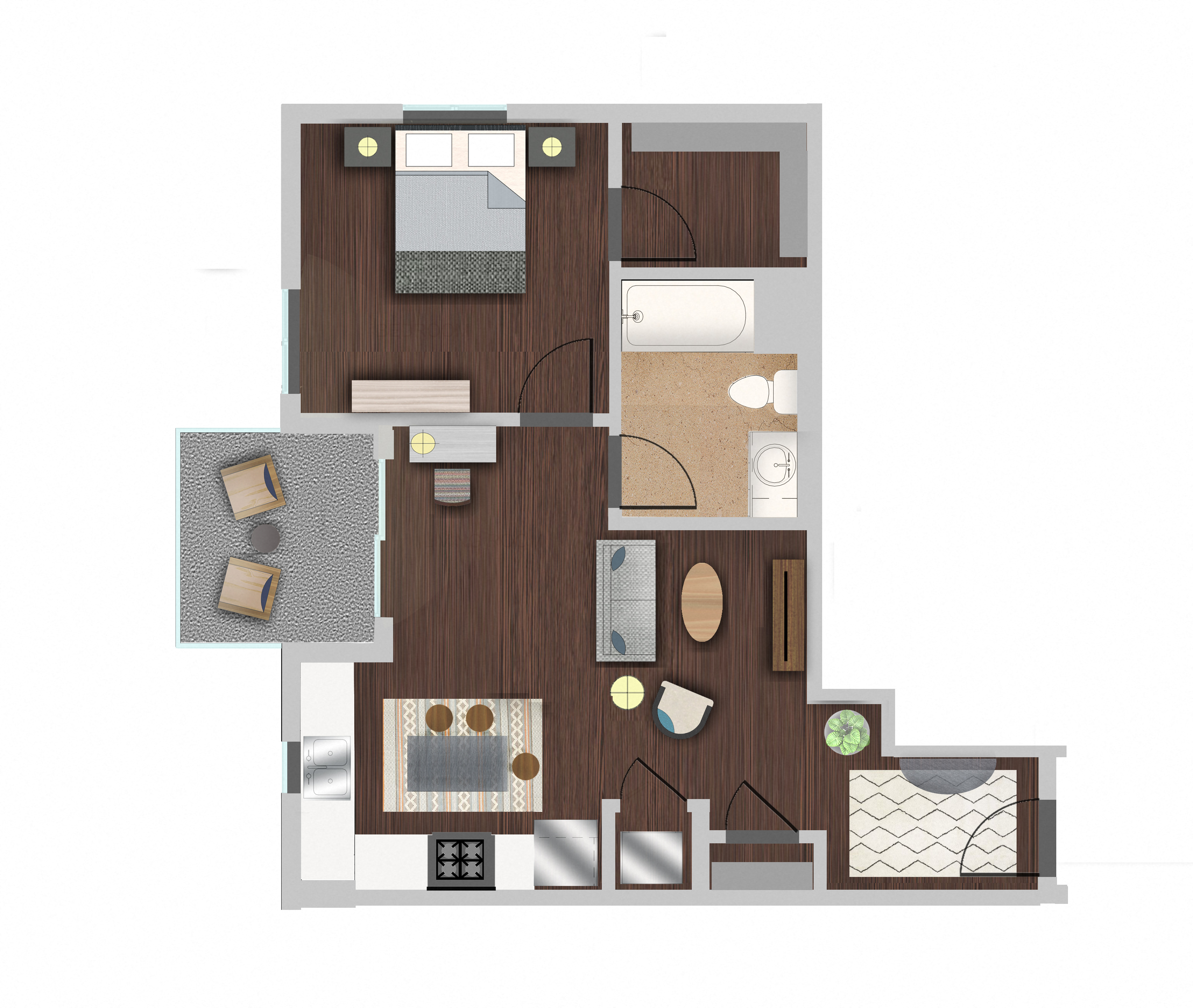 Floor plan for 1 bed, 1 bath, 641 sqft